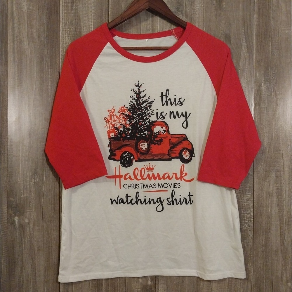 Hallmark Top Womens L White T Shirt Christmas Print Red Truck 3/4 Raglan Holiday